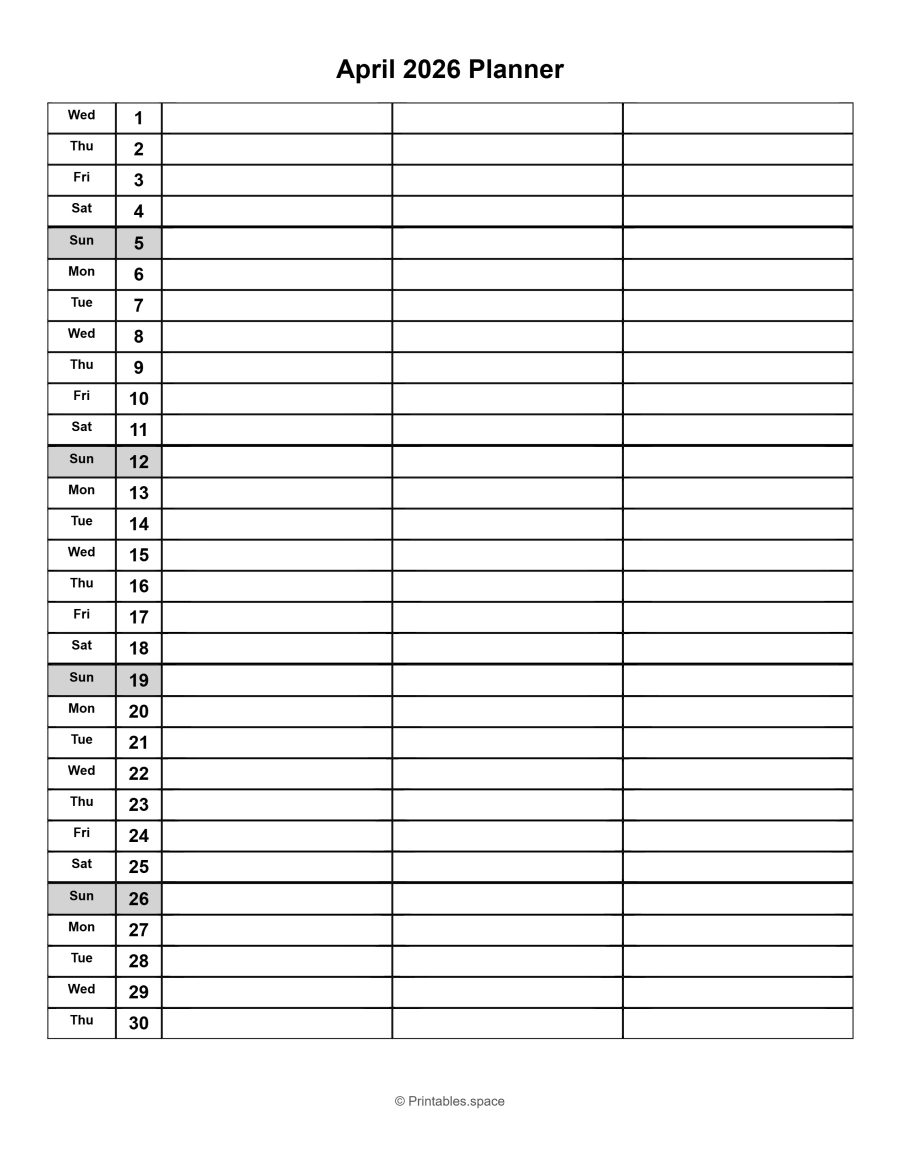 April 2026 printable monthly planner with dates