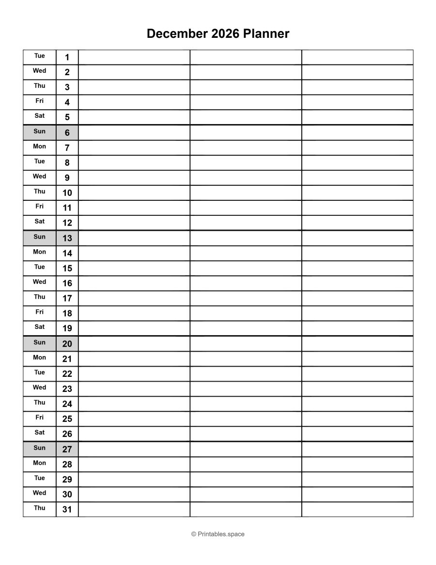 Free printable December 2026 planner for holiday planning
