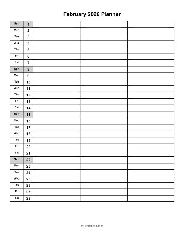 February 2026 printable monthly planner with dates