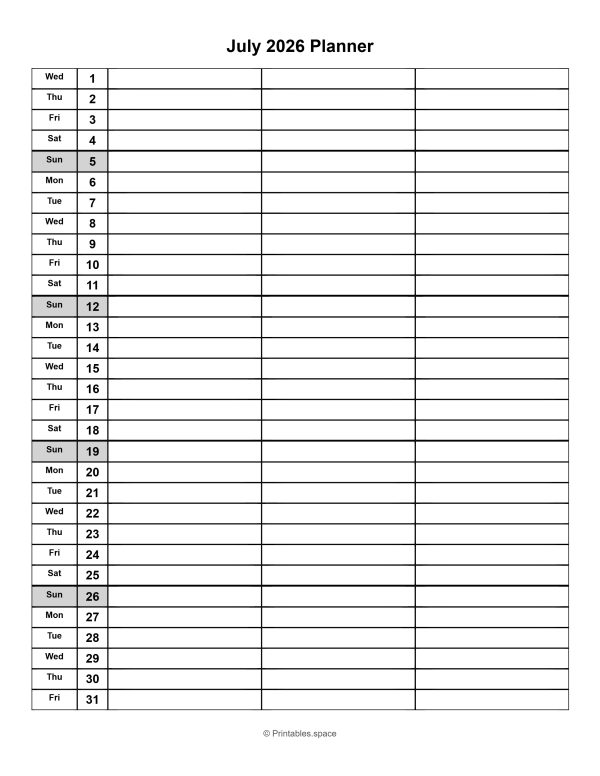 July 2026 printable monthly planner with dates
