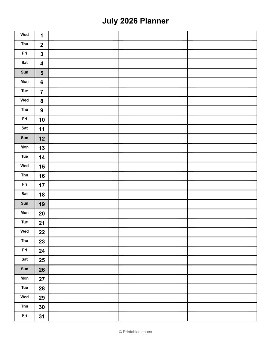 Free printable July 2026 planner for summer holidays