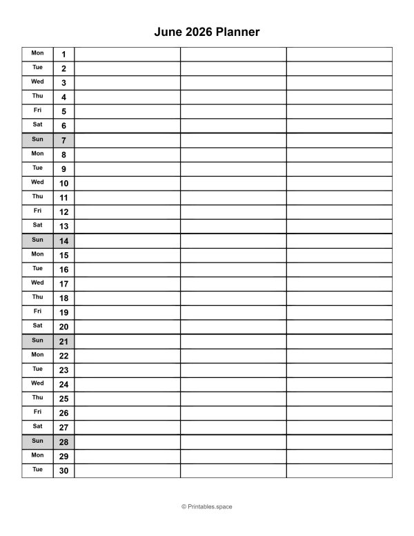 June 2026 printable monthly planner with dates