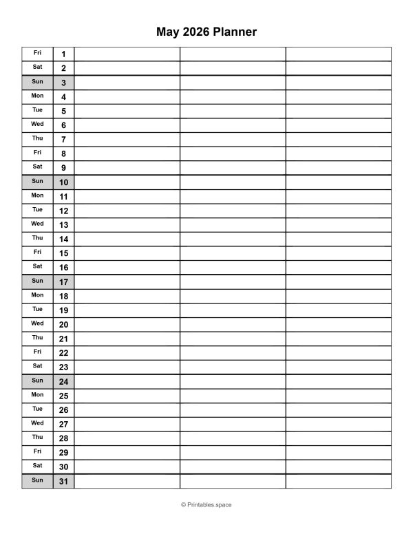 Free printable May 2026 planner with dates