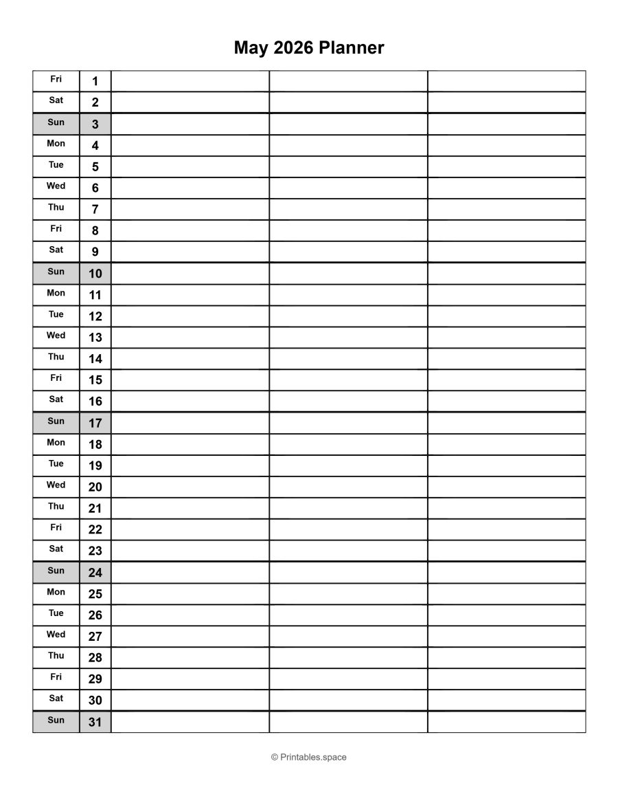 Free printable May 2026 planner with dates