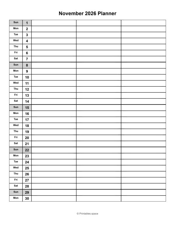 November 2026 printable monthly planner with dates