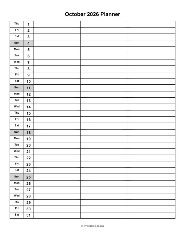 October 2026 printable monthly planner with dates
