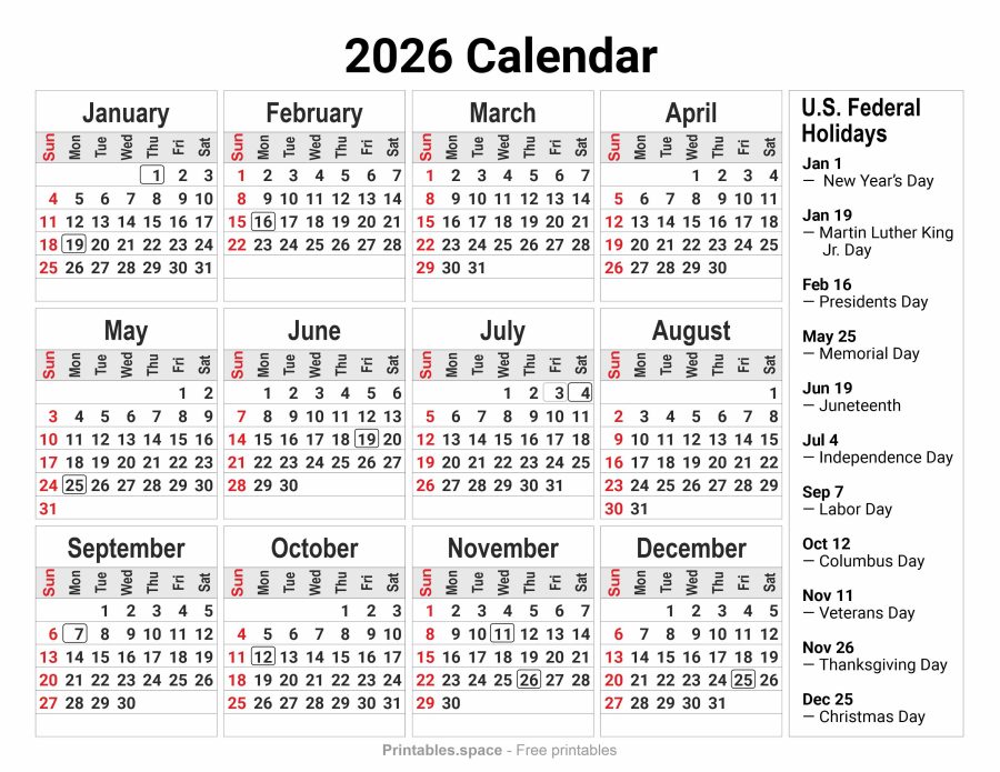 2026 printable calendar with U.S. federal holidays marked by circles