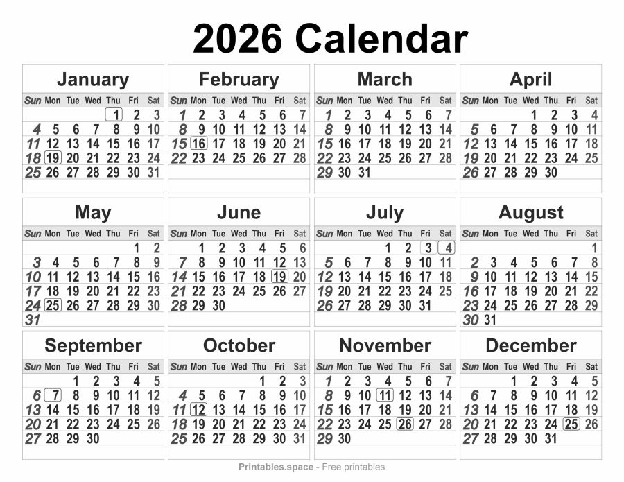 Black and white 2026 printable calendar – ink-saving design with italic Sundays