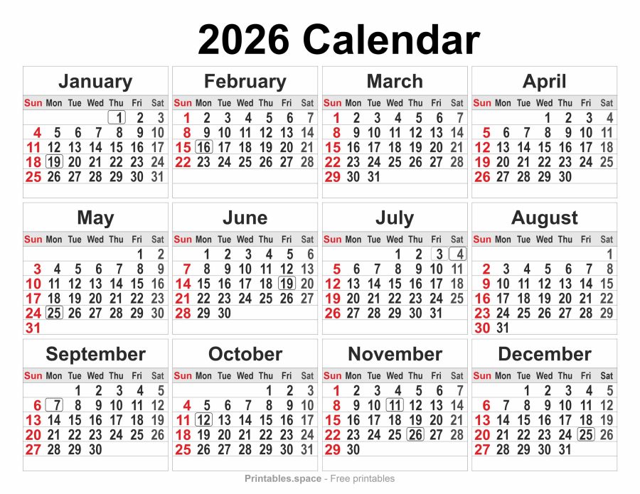 One-page printable 2026 calendar with all 12 months in a clean layout