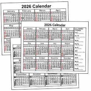 Collection of 2026 printable calendar types: one-page, holiday, black & white