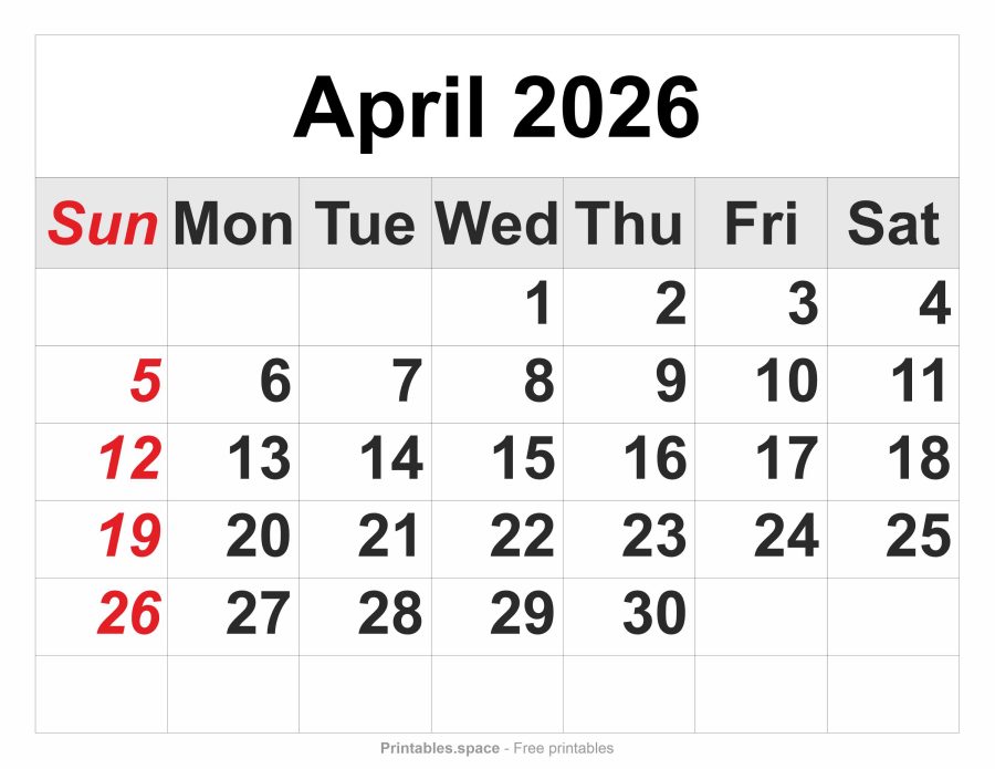 April 2026 printable calendar, US letter size
