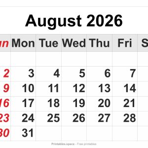 August 2026 printable calendar – full-page layout, large numbers, Sunday in red, no federal holidays