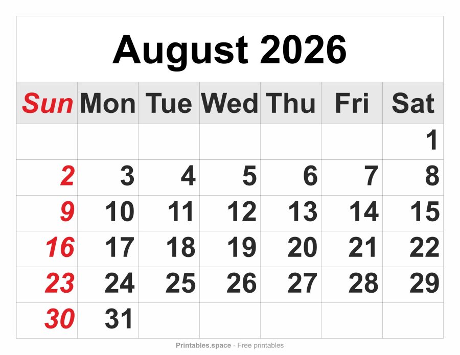 August 2026 printable calendar – full-page layout, large numbers, Sunday in red, no federal holidays