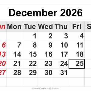 December 2026 printable calendar – full-page layout, large numbers, Sunday in red, Christmas Day marked