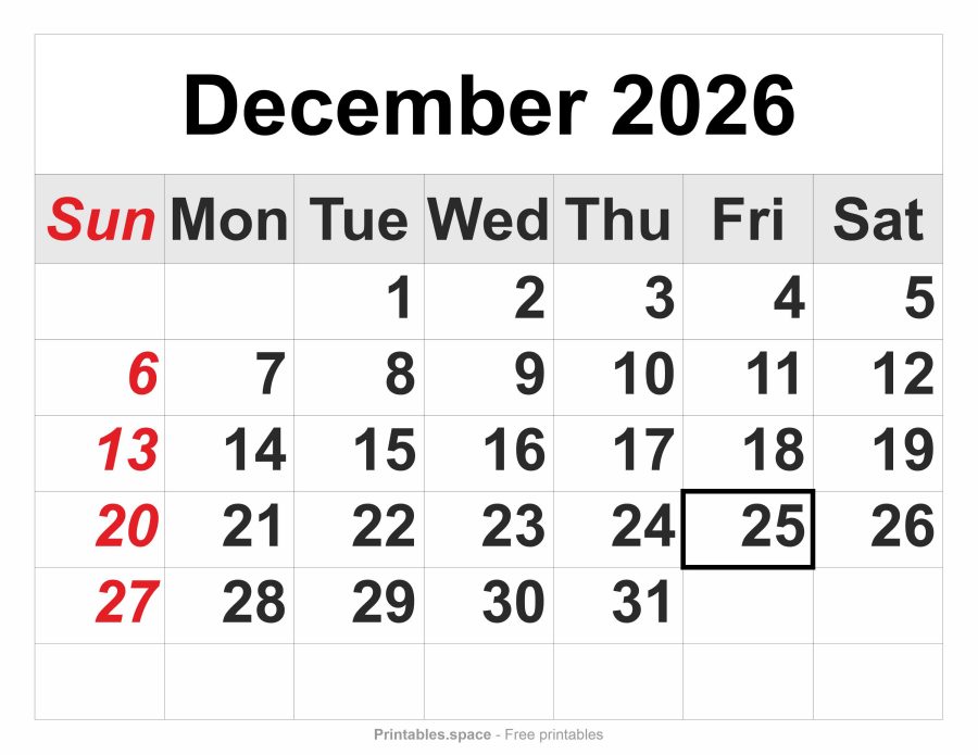December 2026 printable calendar – full-page layout, large numbers, Sunday in red, Christmas Day marked