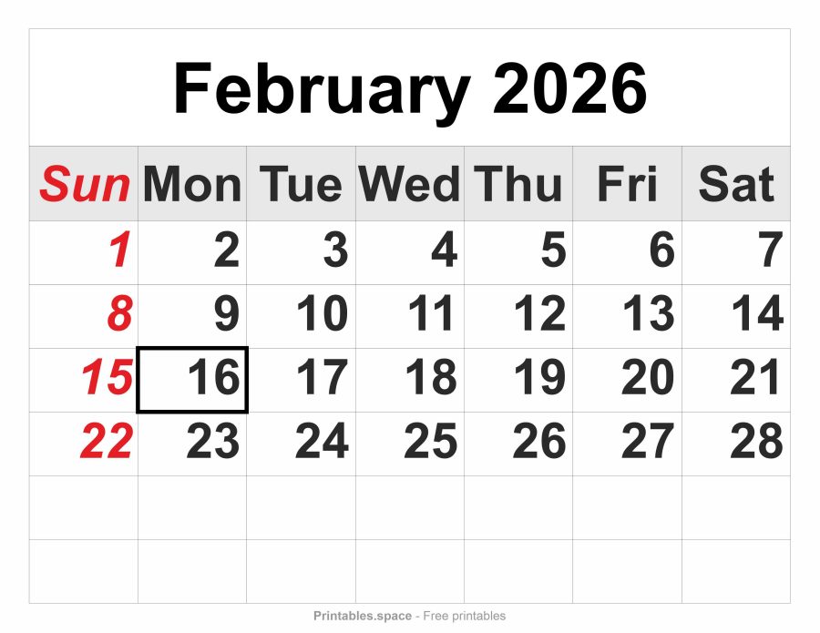 February 2026 printable calendar – full-page layout, large numbers, with holidays.