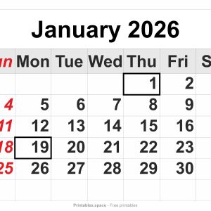 January 2026 printable calendar – full-page layout, large numbers, Sunday in red, federal holidays marked
