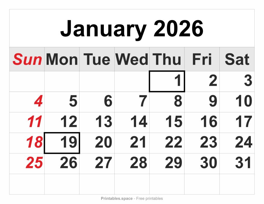 January 2026 printable calendar – full-page layout, large numbers, Sunday in red, federal holidays marked