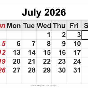 July 2026 printable calendar – full-page layout, large numbers, Independence Day and observed holiday marked