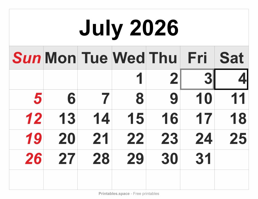 July 2026 printable calendar – full-page layout, large numbers, Independence Day and observed holiday marked