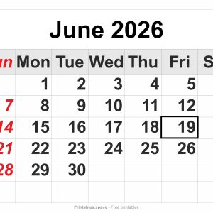 June 2026 printable calendar – full-page, large numbers, Sunday in red, Juneteenth marked