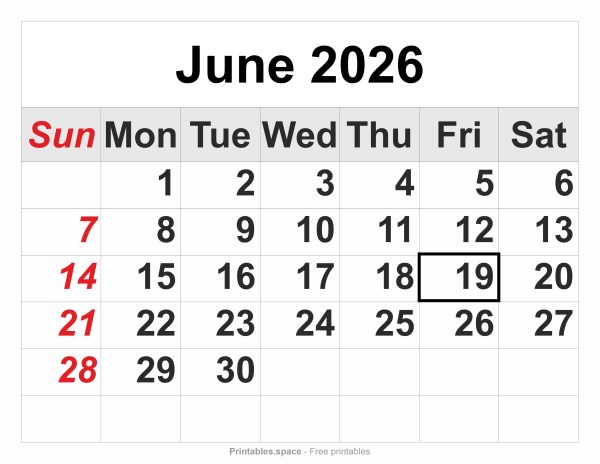 May 2026 printable calendar – Juneteenth marked, large dates