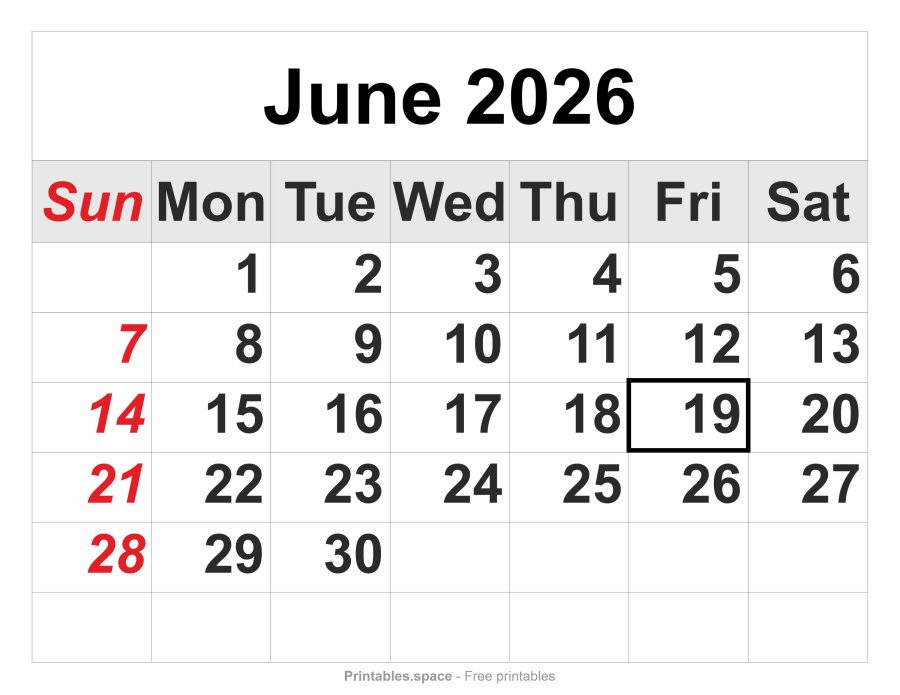 June 2026 printable calendar – full-page, large numbers, Sunday in red, Juneteenth marked