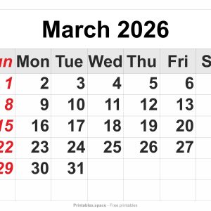 March 2026 printable calendar – full-page layout with large numbers
