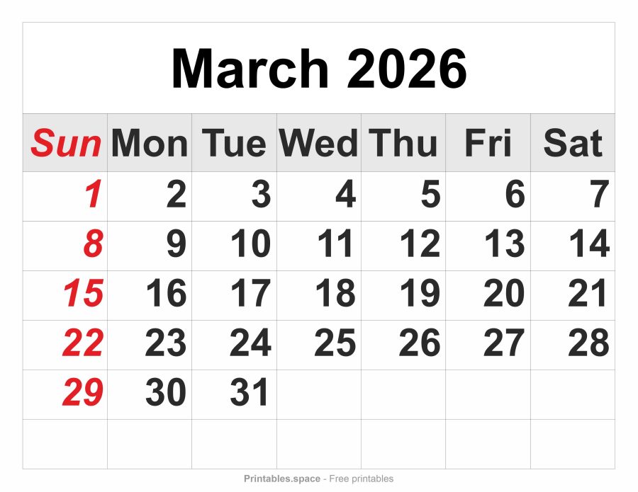 March 2026 printable calendar – full-page layout with large numbers