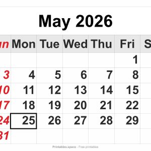 May 2026 printable calendar with holidays and large numbers