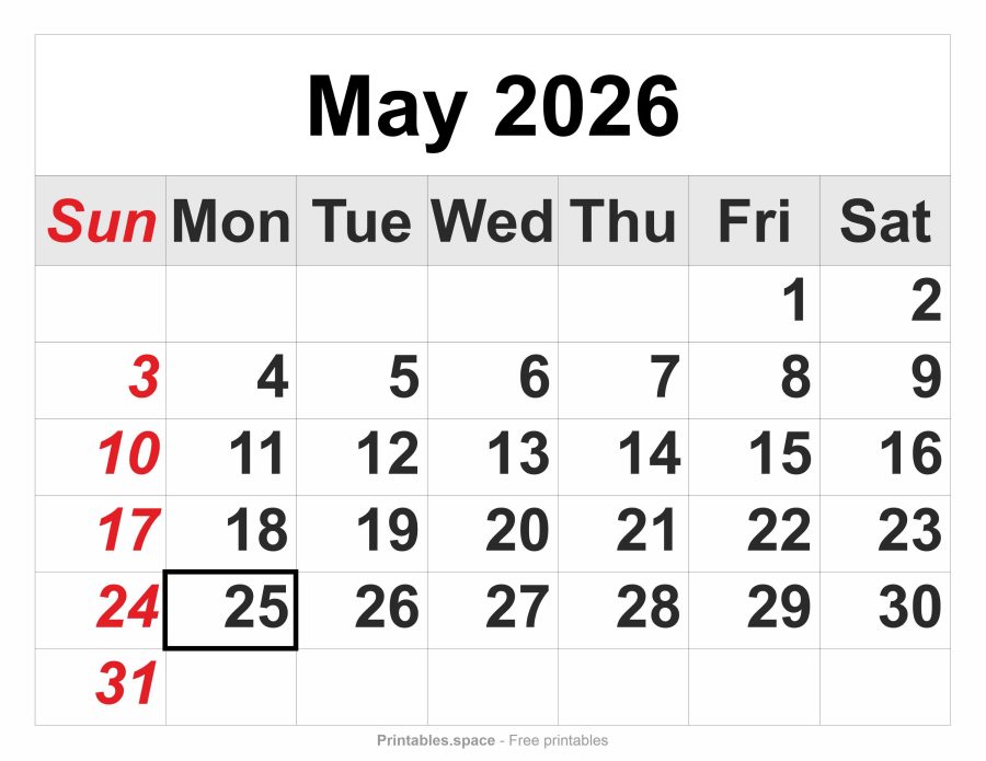 May 2026 printable calendar with holidays and large numbers