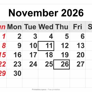 November 2026 printable calendar – full-page layout, large numbers, Sunday in red, Veterans Day and Thanksgiving marked