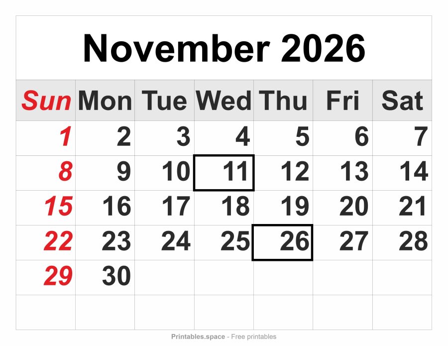 November 2026 printable calendar – full-page layout, large numbers, Sunday in red, Veterans Day and Thanksgiving marked