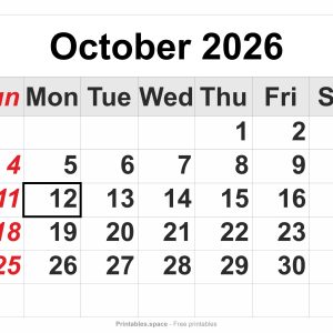 October 2026 printable calendar – full-page layout, large numbers, Sunday in red, Columbus Day marked