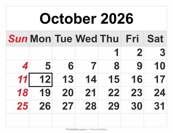 October 2026 printable calendar – full-page layout, large numbers, Sunday in red, Columbus Day marked