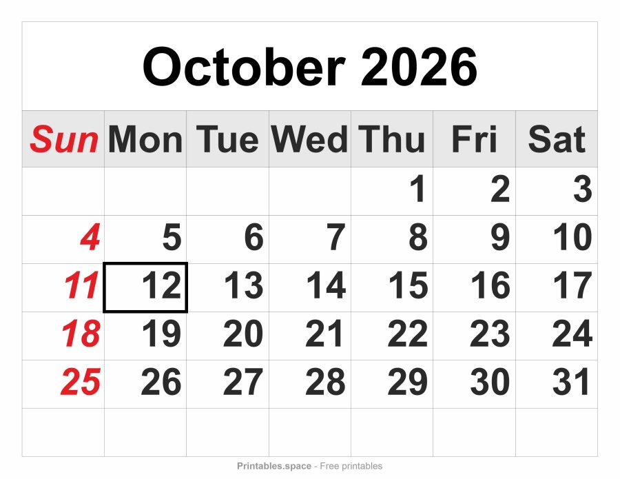 October 2026 printable calendar – full-page layout, large numbers, Sunday in red, Columbus Day marked