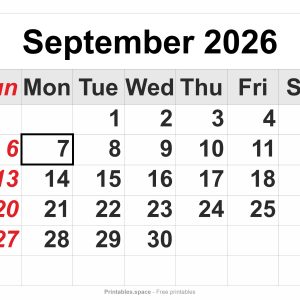 Full-page September 2026 calendar with large numbers, Labor Day marked