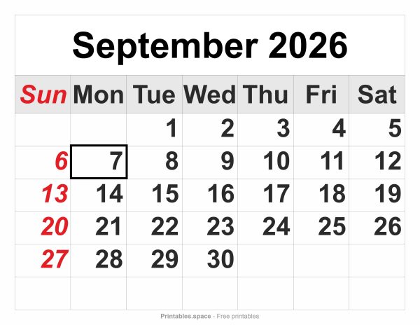 September 2026 printable calendar – full-page layout, large numbers, Labor Day marked