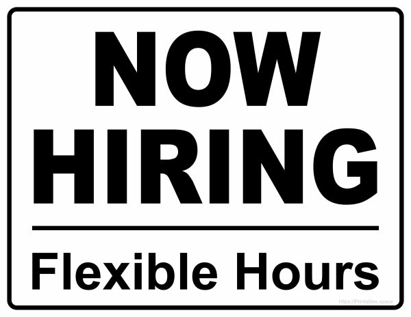 Free printable "Now Hiring - Flexible Hours" sign PDF for part-time job seekers