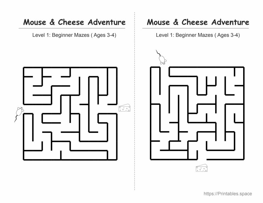 Easy printable maze for preschoolers ages 3-4 - mouse finding cheese path, beginner level with wide paths and no dead ends, Mouse and Cheese Adventure Level 1