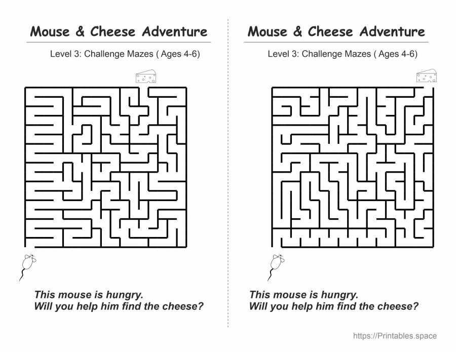 Challenging printable maze for kids ages 4-6 - complex mouse and cheese path with multiple dead ends and tricky turns, Mouse and Cheese Adventure Level 3