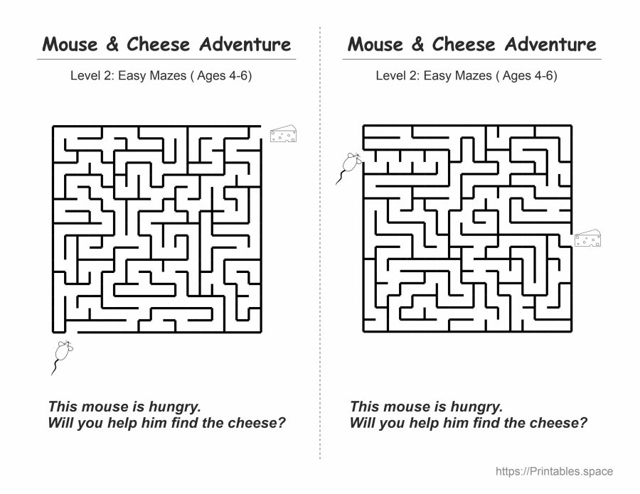 Easy maze activity sheet for kindergarten ages 4-6 - mouse and cheese puzzle with simple twists, Mouse and Cheese Adventure Level 2