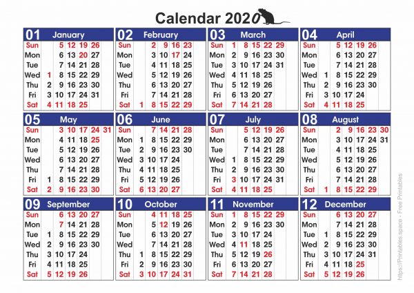 2020 Calendar with Holidays