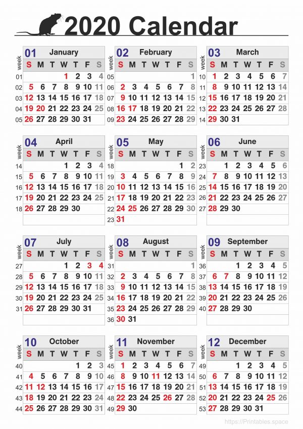 2020 Calendar with Week Numbers