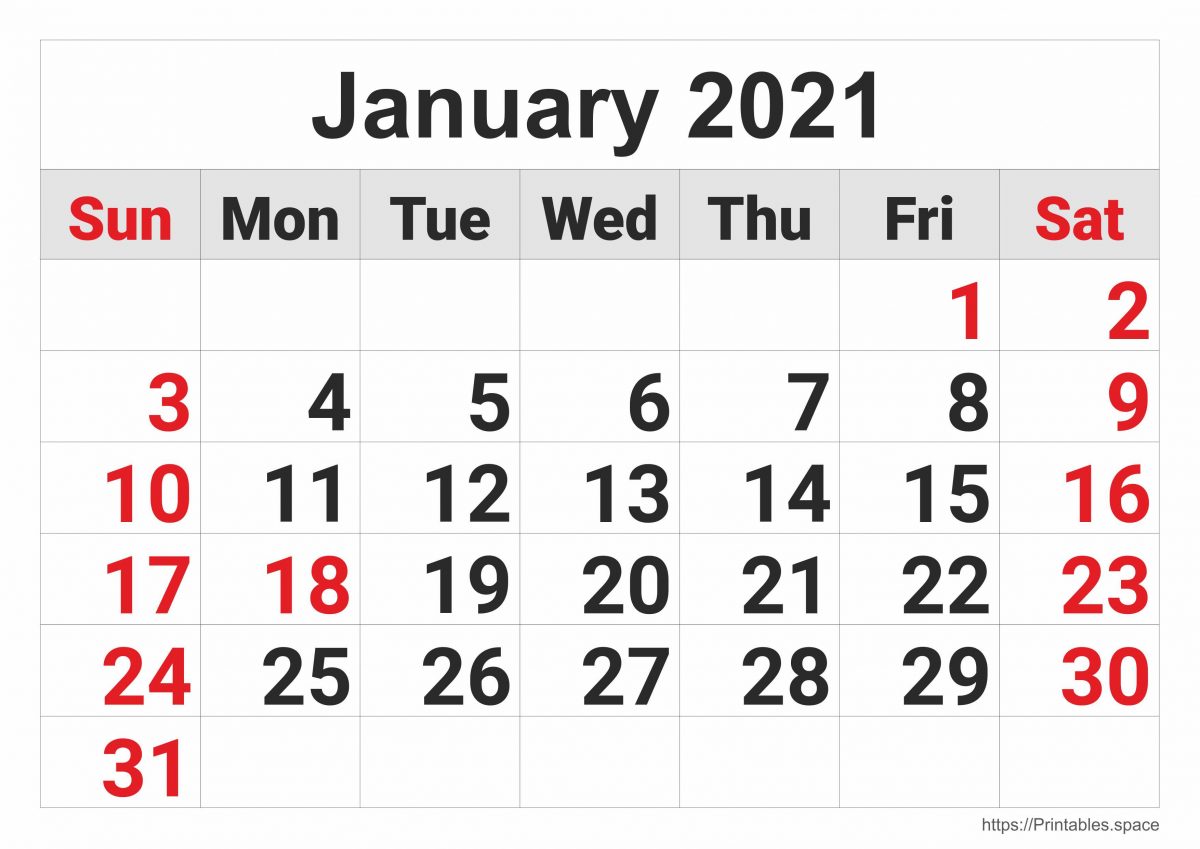 2021 Monthly Calendar: January