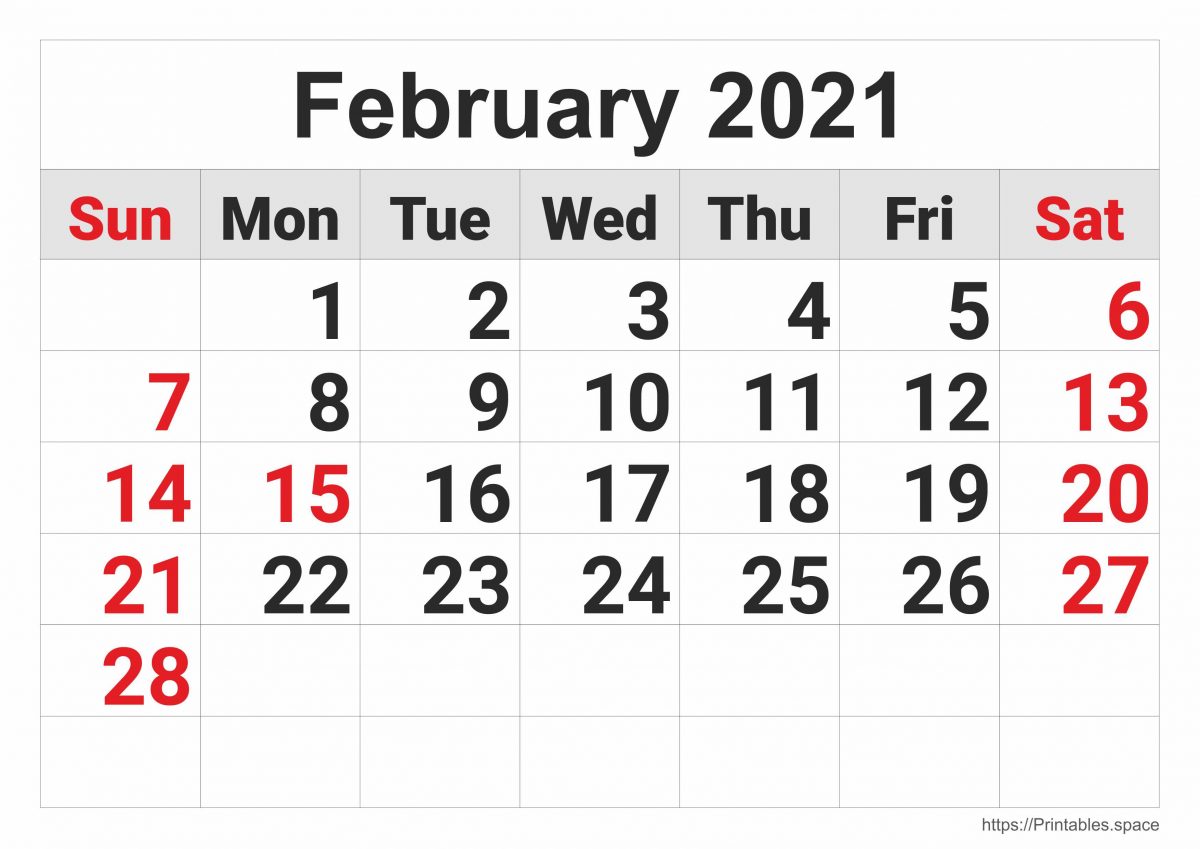 February 2021 Monthly Calendar