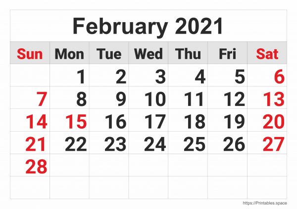 February 2021 Monthly Calendar