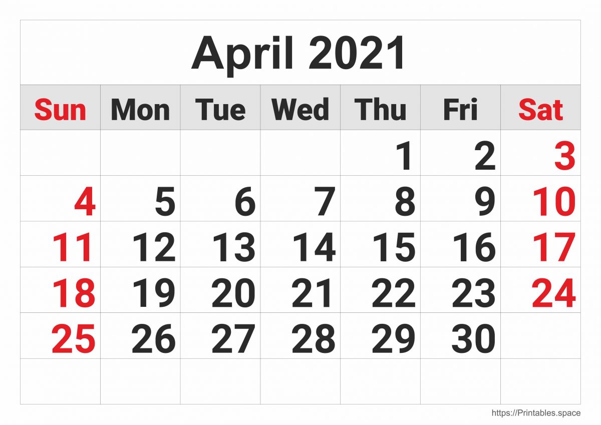 April 2021 Monthly Calendar