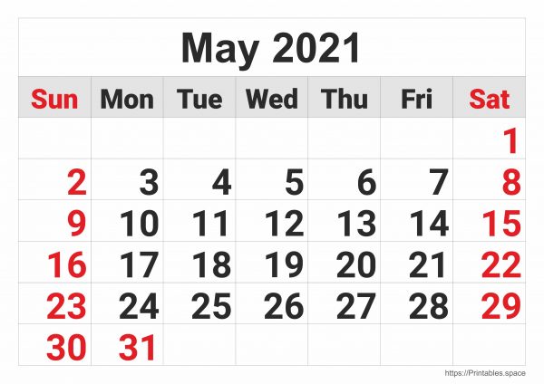 Monthly Calendar: May 2021