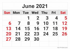 June 2021 Monthly Calendar